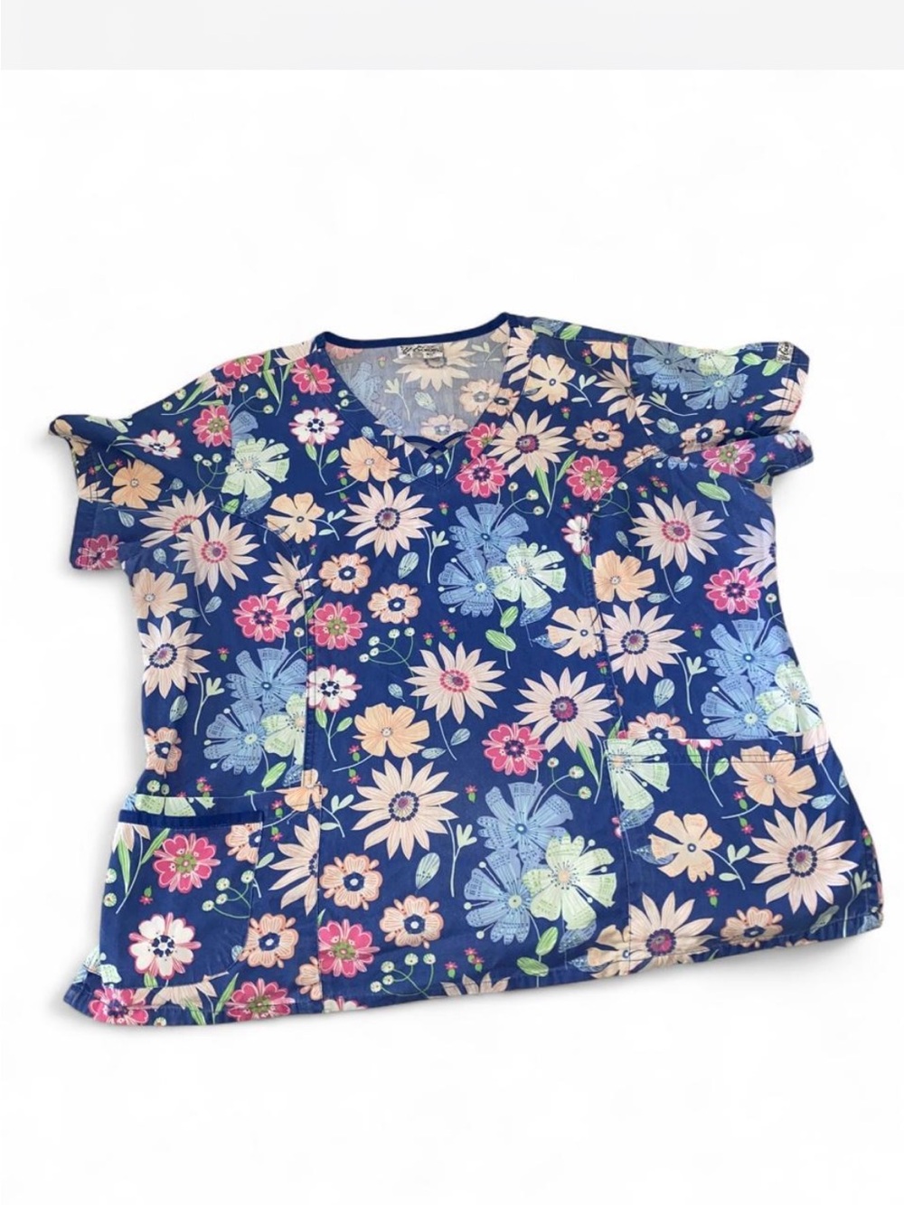 Floral V-Neck Scrub Top in Navy Blue